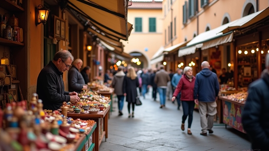 Mercatini artigianali in piazza con bancarelle colorate, artigiani che lavorano, passanti che guardano i prodotti, luce naturale del giorno