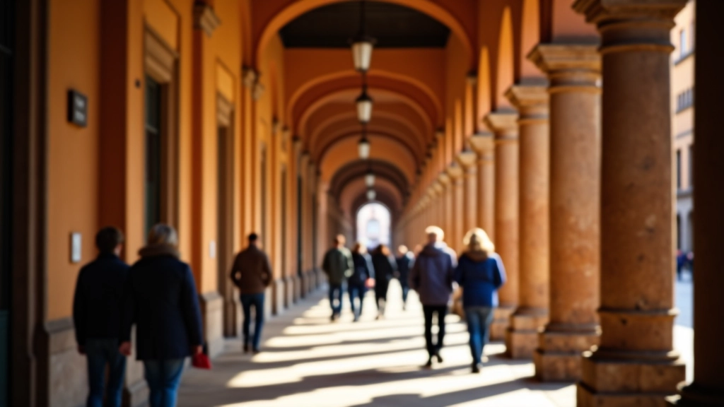 I caratteristici portici di Bologna con persone che camminano e vivono la città