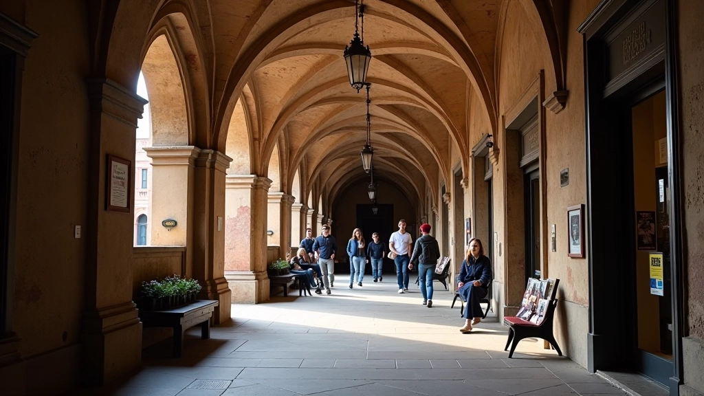 Lungo i portici medievali del quartiere con arcate in pietra, studenti che camminano e studiano, negozi di libri usati sullo sfondo, luce naturale filtrata