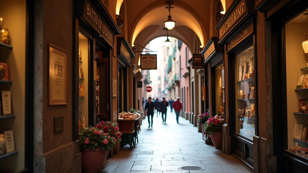 Particolare dei portici con negozi caratteristici, insegne storiche e architettura tradizionale bolognese conservata