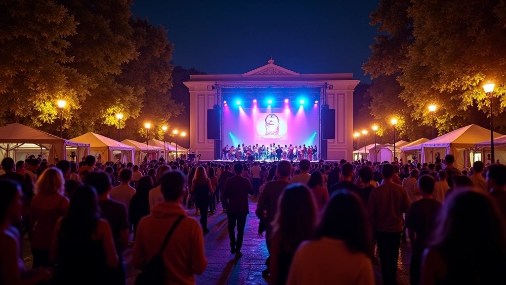 Palco all'aperto durante festival estivo con pubblico illuminato da luci colorate, giovani e famiglie che ballano, alberi illuminati intorno