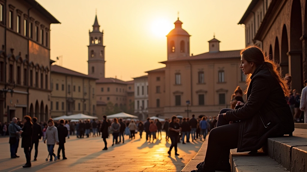 Piazza Santo Stefano con le sue chiese medievali al tramonto, studenti seduti sugli scalini, luce dorata del pomeriggio, atmosfera urbana autentiche