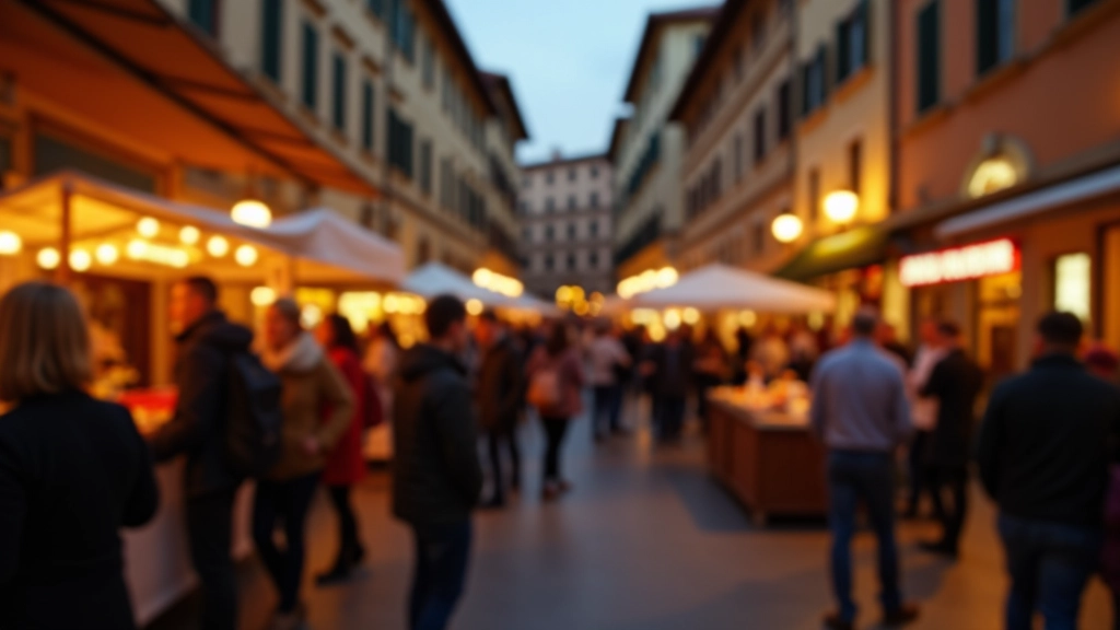 Piazza affollata durante un evento comunitario serale con bancarelle di cibo e musica dal vivo