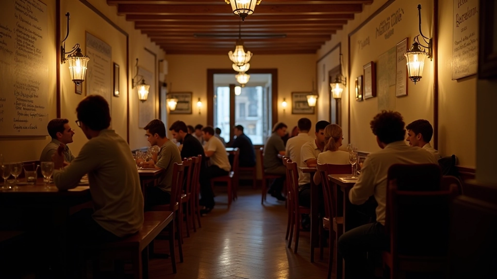 Interno di una trattoria tradizionale bolognese nel quartiere universitario con tavoli in legno, studenti che cenano, luci calde ambiente intimo