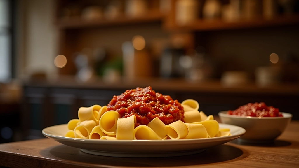 Bancone di una trattoria tradizionale bolognese con tagliatelle fresche e ragù rosso